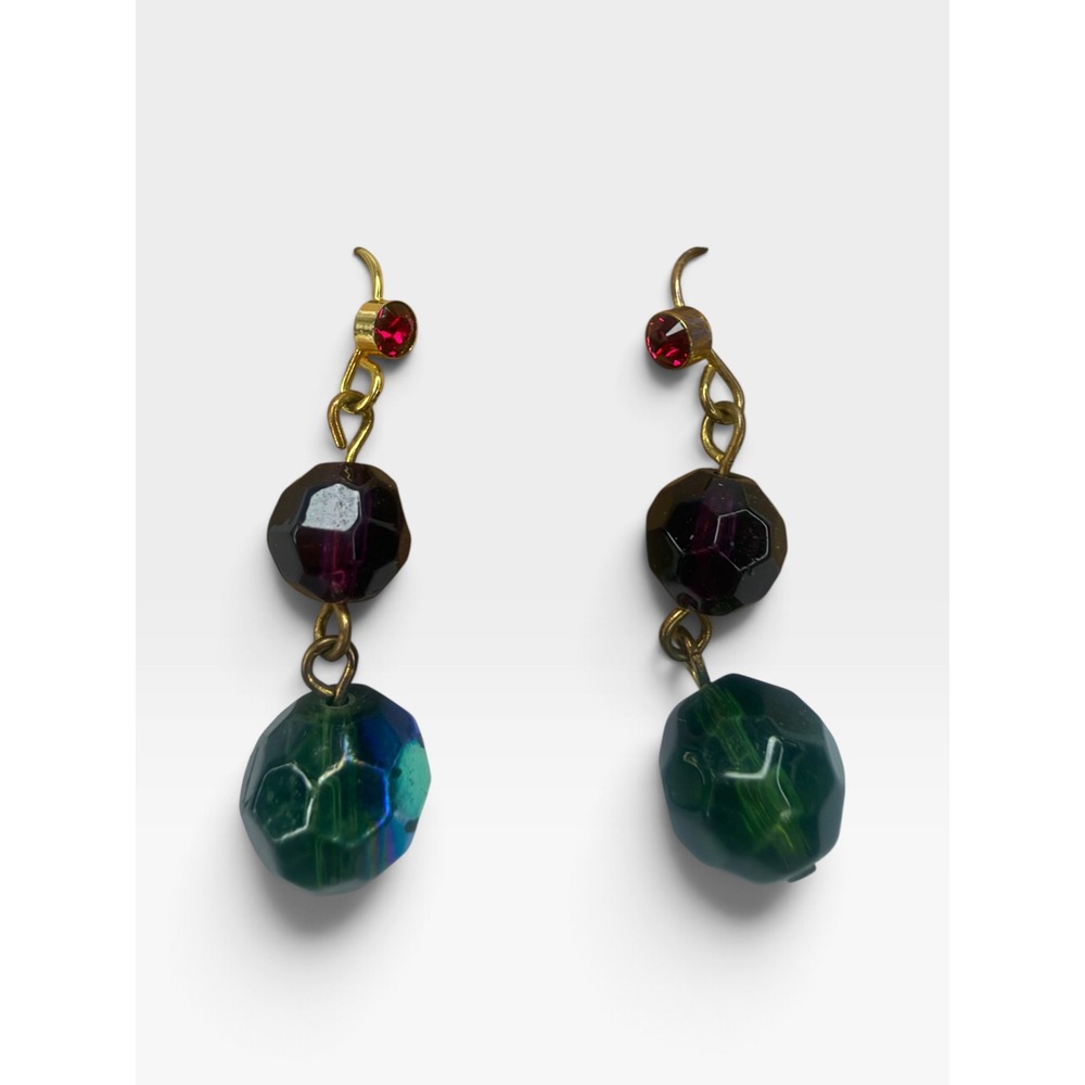 Jewel Tone Faceted Bead Drop Earrings Green Purple Red Gold Tone Boho Dangle